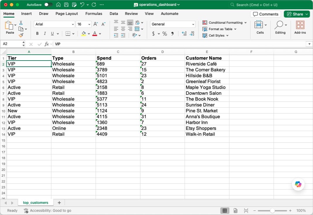 Eine Microsoft-Excel-Arbeitsmappe, geöffnet mit den aus einer Rechnung von Brightwave Digital Studio extrahierten Positionen, wobei Beschreibung, Menge, Stückpreis und Betrag jeweils in ihrer eigenen Spalte stehen und jede Position eine eigene Zeile bildet, mit der Kopfzeile quer über die Oberseite.