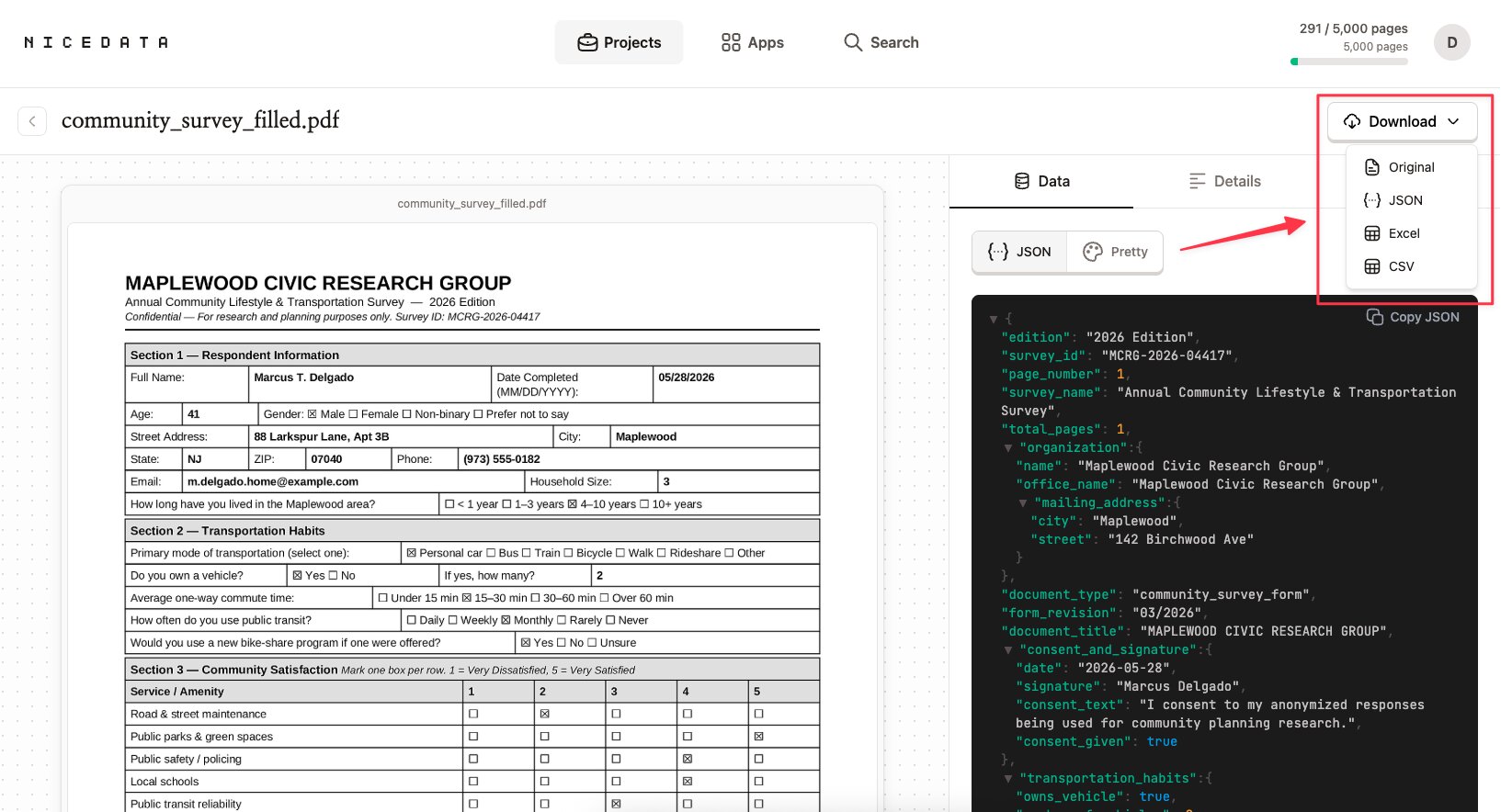 The NiceData document viewer showing a filled community survey PDF on the left and the extracted data on the right. The Download dropdown is open in the top right corner, listing Original, JSON, Excel, and CSV, highlighted with a red box and a red arrow pointing to it.