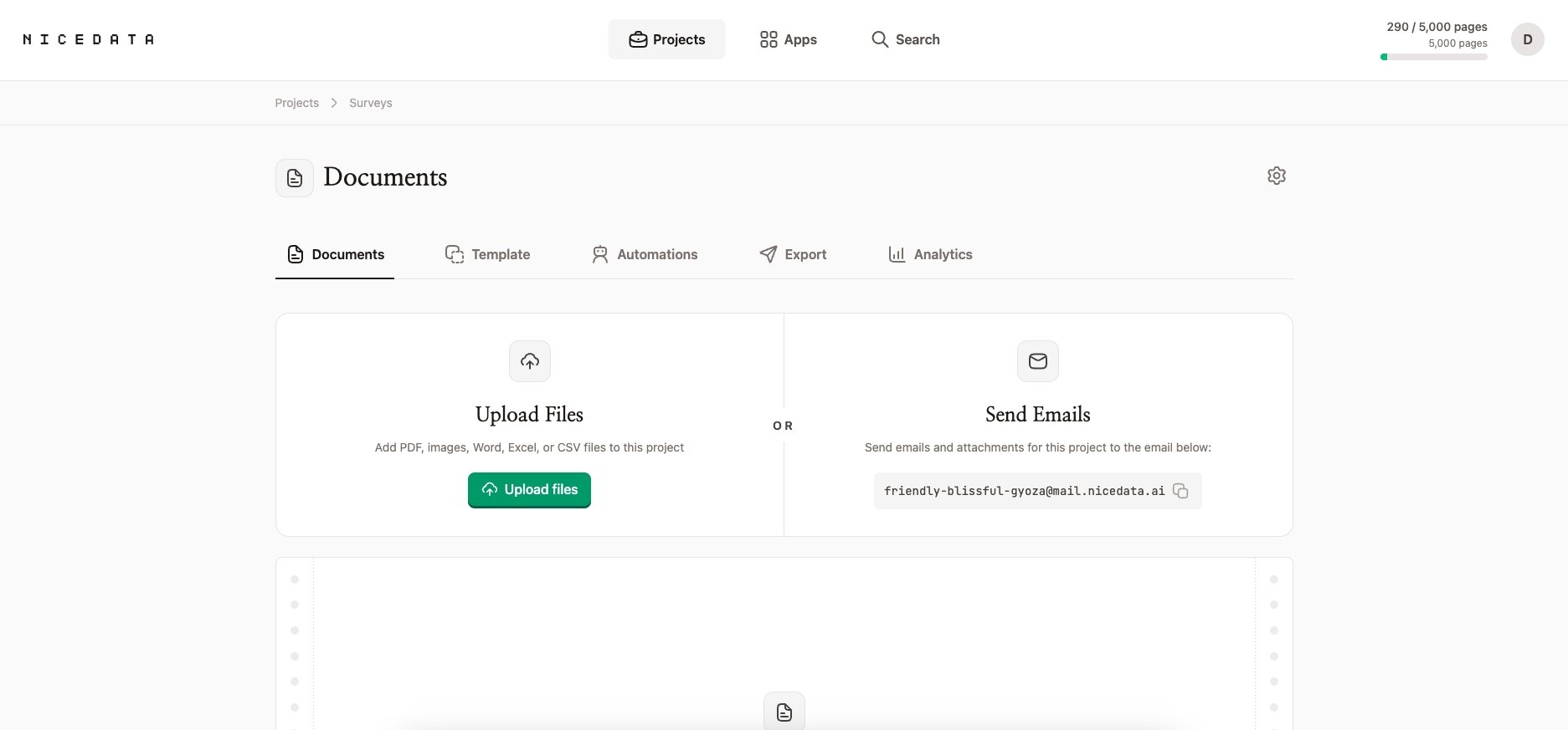The NiceData Documents page for a project called Surveys, showing two options side by side: an Upload Files area on the left with a green Upload files button, and a Send Emails area on the right with the project's email address. The word OR sits between them. The Documents, Template, Automations, Export, and Analytics tabs run across the top.
