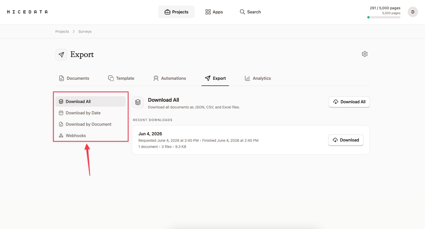 The NiceData Export tab for a project called Surveys. A menu on the left lists Download All, Download by Date, Download by Document, and Webhooks. The main panel shows the Download All option with a description and a Download All button, plus a recent download from June 4, 2026.