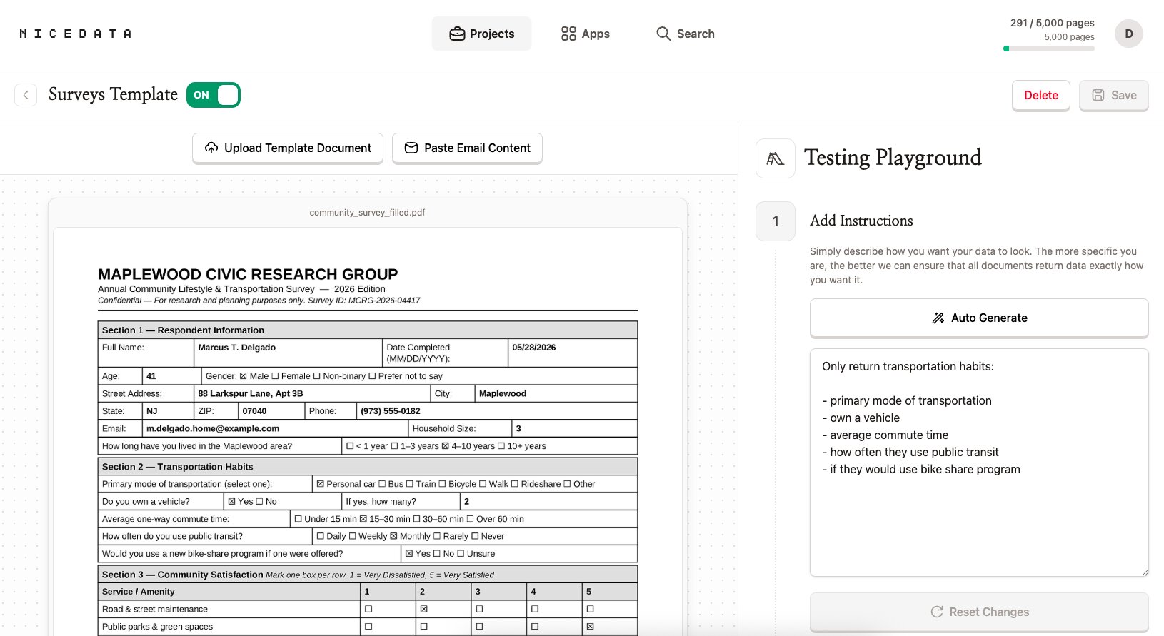 The NiceData Surveys Template page. On the left, a preview of a filled community survey PDF. On the right, the Testing Playground panel with an Add Instructions text box reading 'Only return transportation habits' followed by a plain-English bullet list of the fields to keep, with an Auto Generate button above it.
