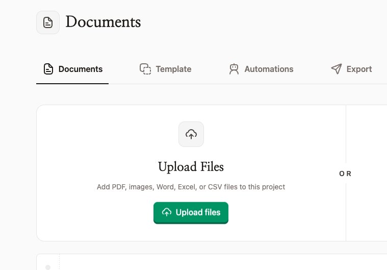 The NiceData Documents page showing the Upload Files area in the center, with the text 'Add PDF, images, Word, Excel, or CSV files to this project' and a green Upload files button below it. The Documents, Template, Automations, and Export tabs are visible across the top.