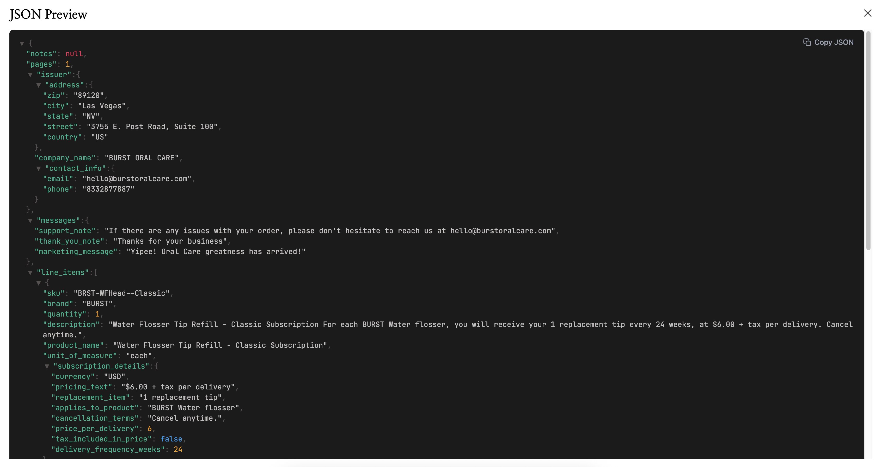 Un'anteprima JSON a tutto schermo in NiceData con i dati estratti dal documento di trasporto, con oggetti annidati per mittente, contatti, messaggi e un array di righe contenenti SKU, marca, quantità, descrizione e dettagli di abbonamento.