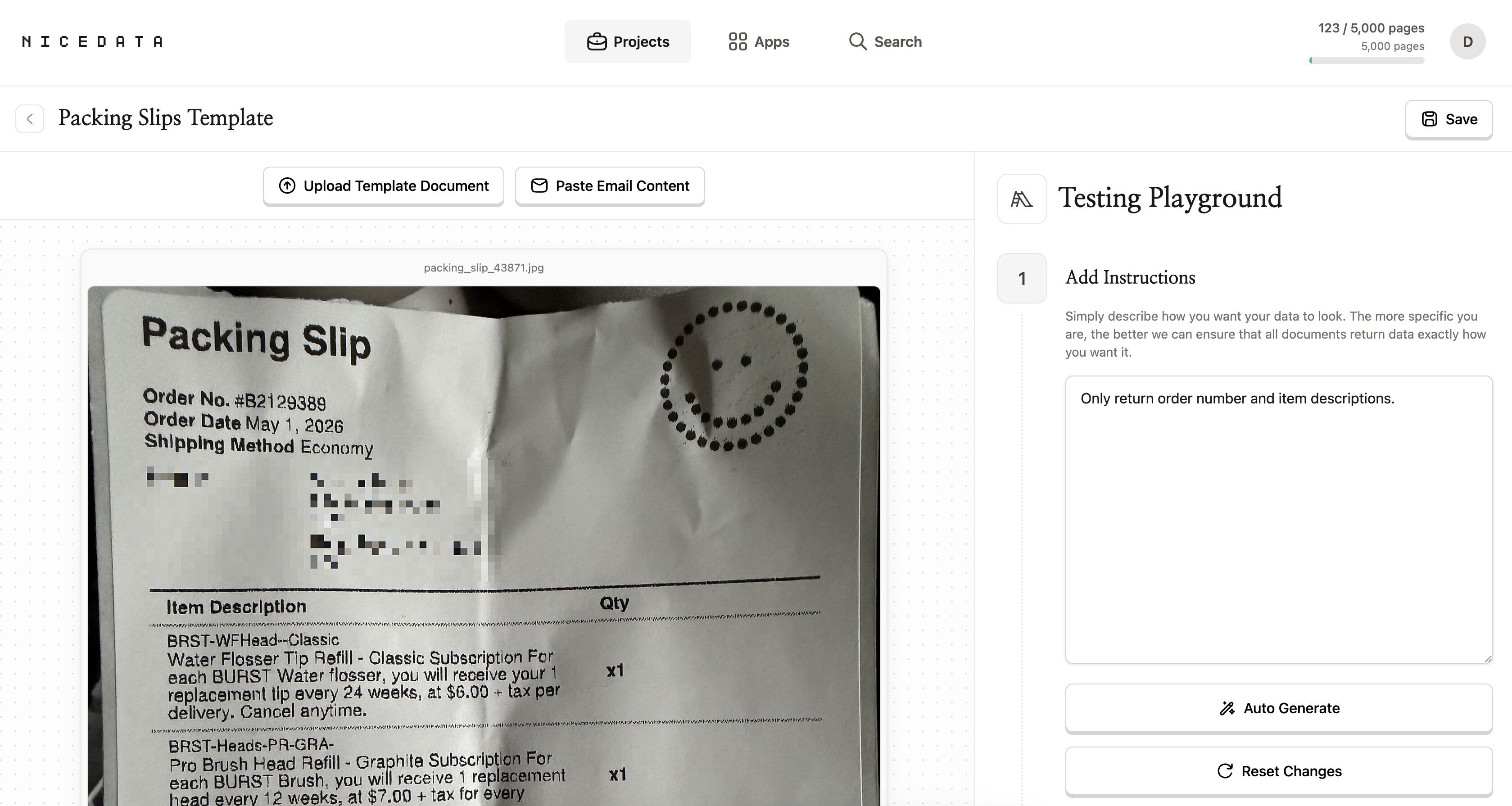 La pagina Packing Slips Template di NiceData. A sinistra la foto di un documento di trasporto. A destra il pannello Testing Playground con una casella di testo Add Instructions contenente «Only return order number and item descriptions.», seguita dai pulsanti Auto Generate e Reset Changes.