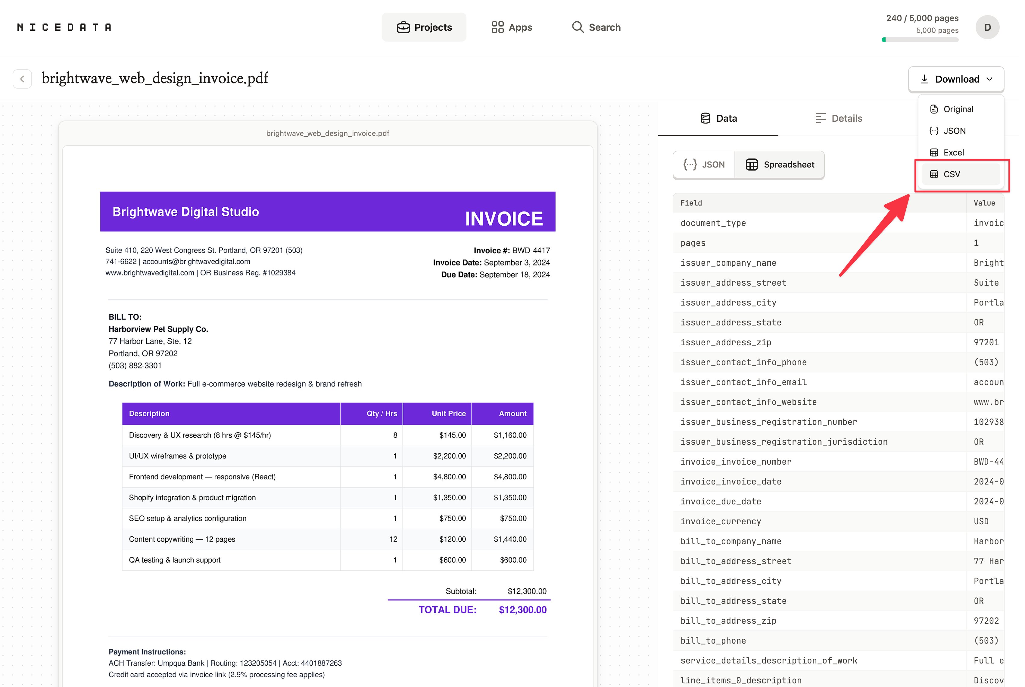 La visionneuse de document NiceData affichant à gauche un PDF de facture Brightwave Digital Studio et à droite les champs de données extraits. Le menu déroulant Download est ouvert dans le coin supérieur droit et liste Original, JSON, Excel et CSV. L'option CSV est mise en évidence par un encadré rouge et une flèche rouge qui pointe vers elle.