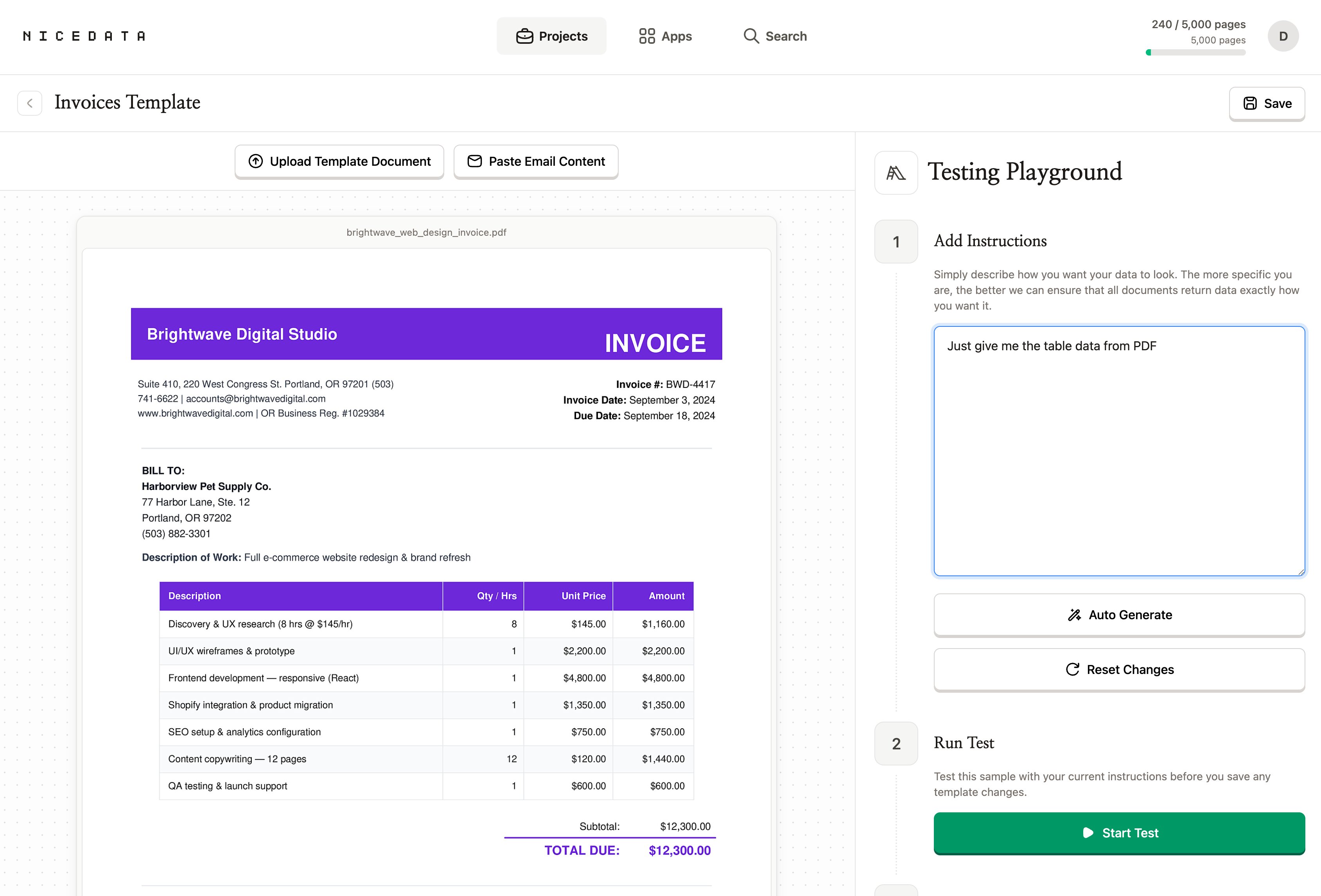 La page Invoices Template de NiceData. À gauche, un aperçu d'un PDF de facture Brightwave Digital Studio. À droite, le panneau Testing Playground avec une zone de texte Add Instructions contenant la phrase 'Donne-moi juste les données du tableau du PDF', suivie des boutons Auto Generate et Reset Changes, et en dessous d'un bouton vert Start Test.