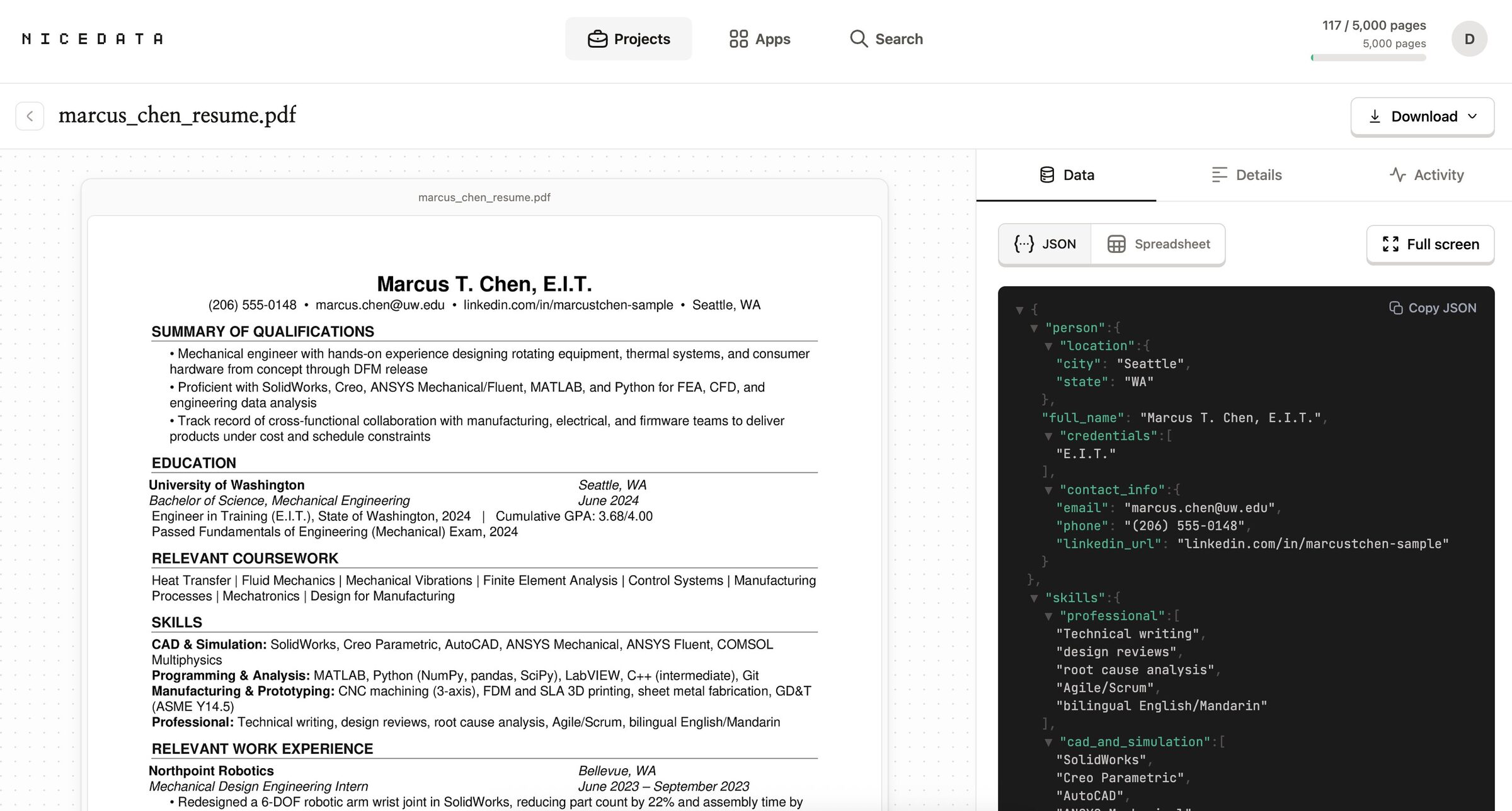 NiceData resume extraction screenshot